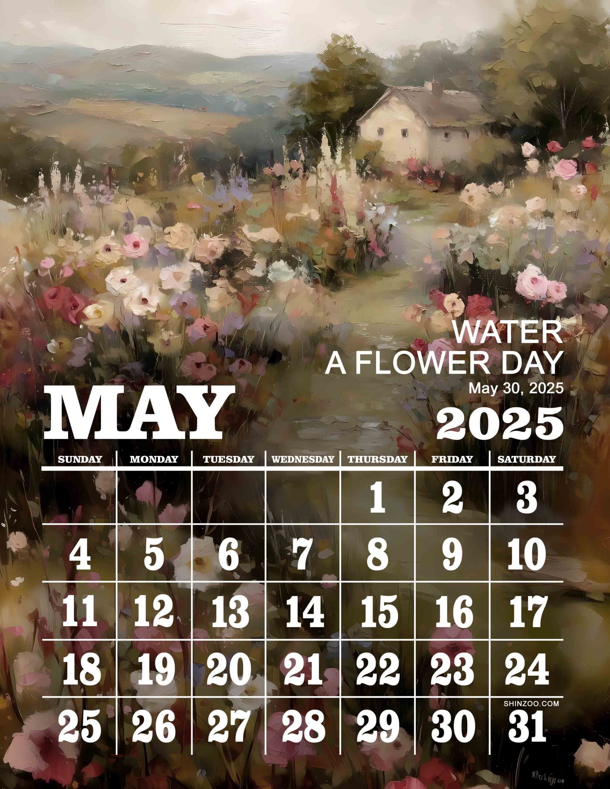 Water a Flower Day 2025 May Calendar Floral Landscape Pastel Flower Painting Calendar