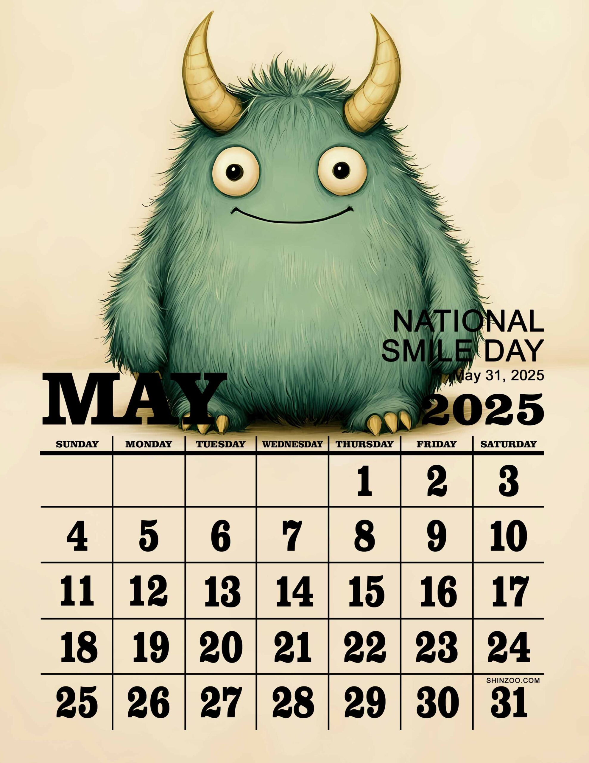 National Smile Day 2025 May Calendar Cute Monster Positive Vibe Calendar