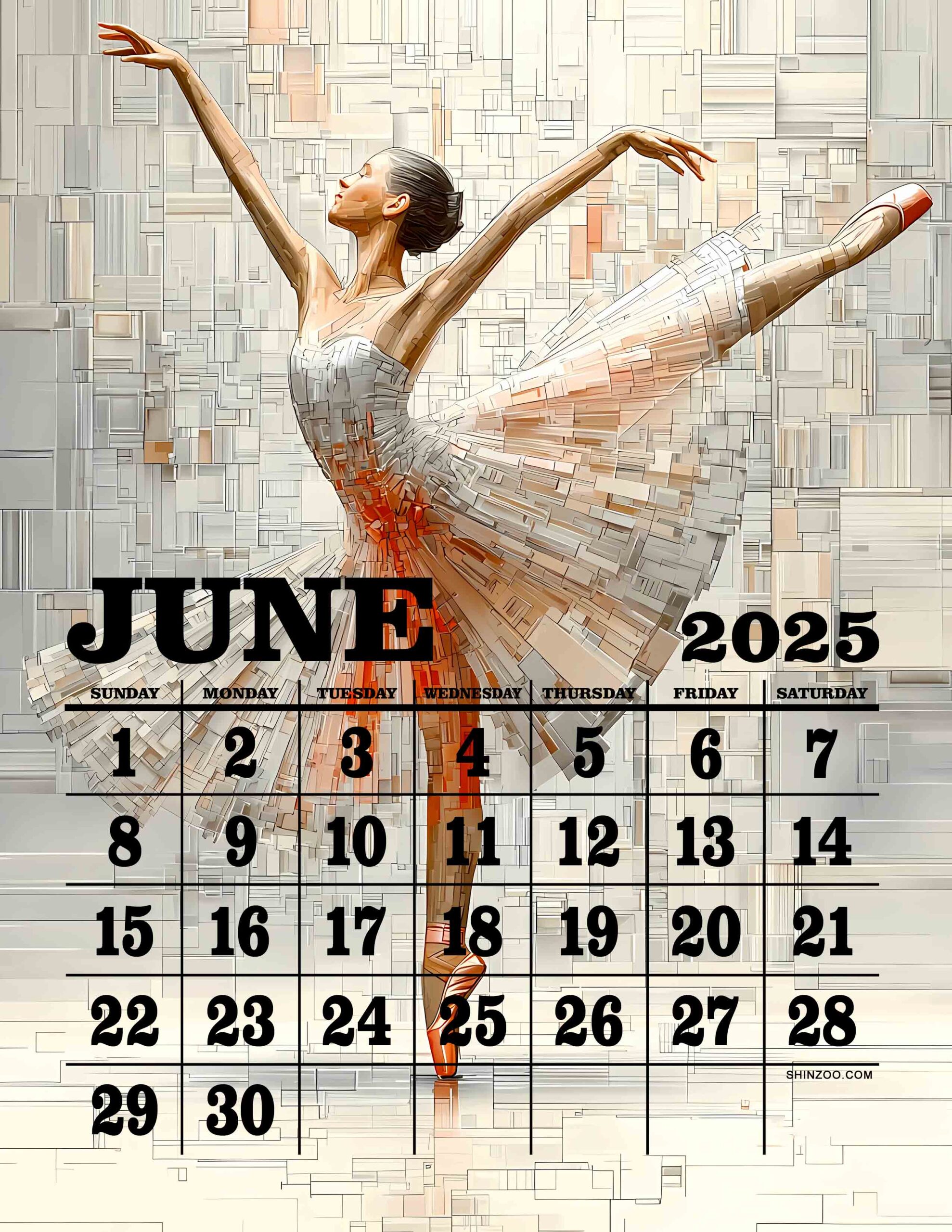 Graceful Ballerina 2025 June Calendar Ballet Dancer Abstract Painting