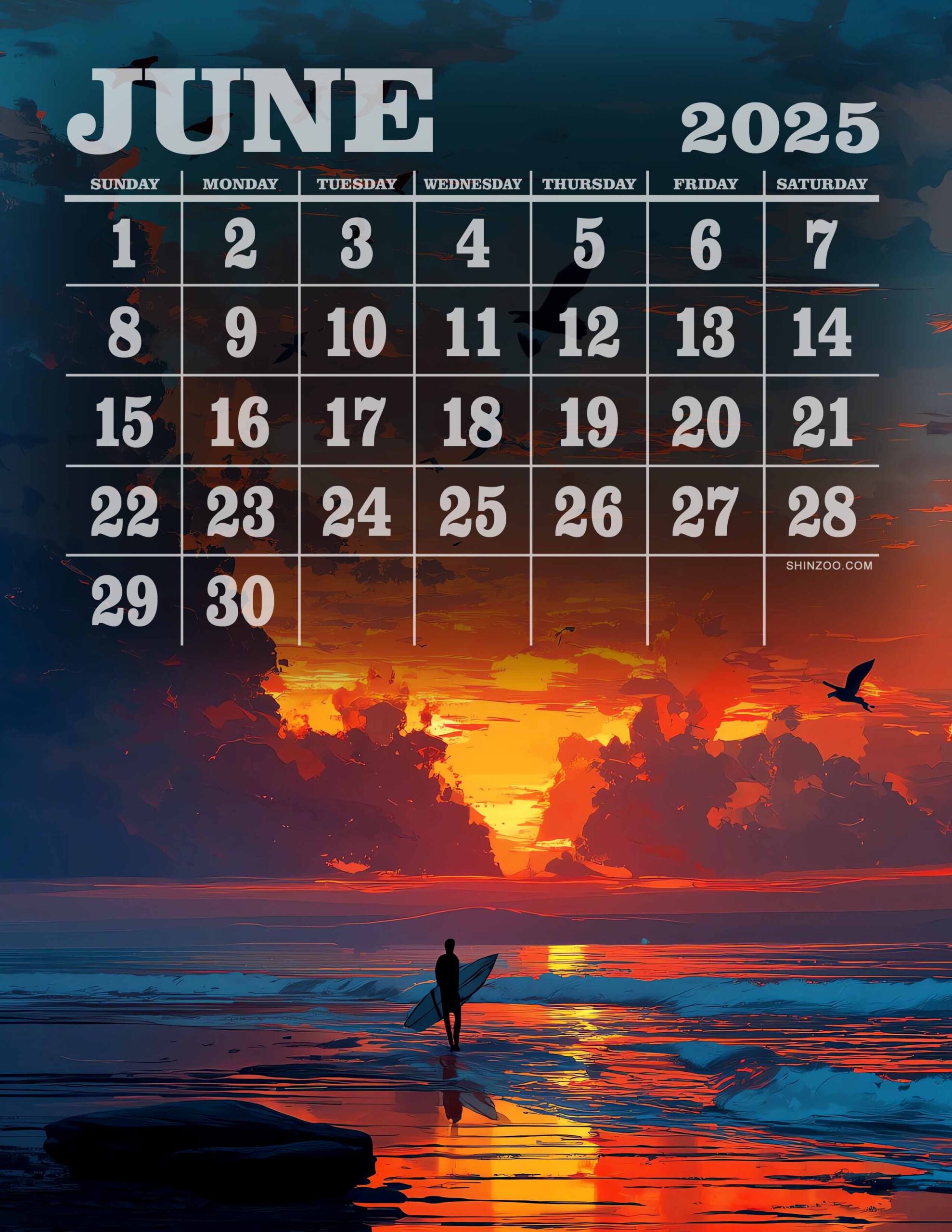 Beach Sunset June Calendar 2025 Water Sports Ocean Surfer