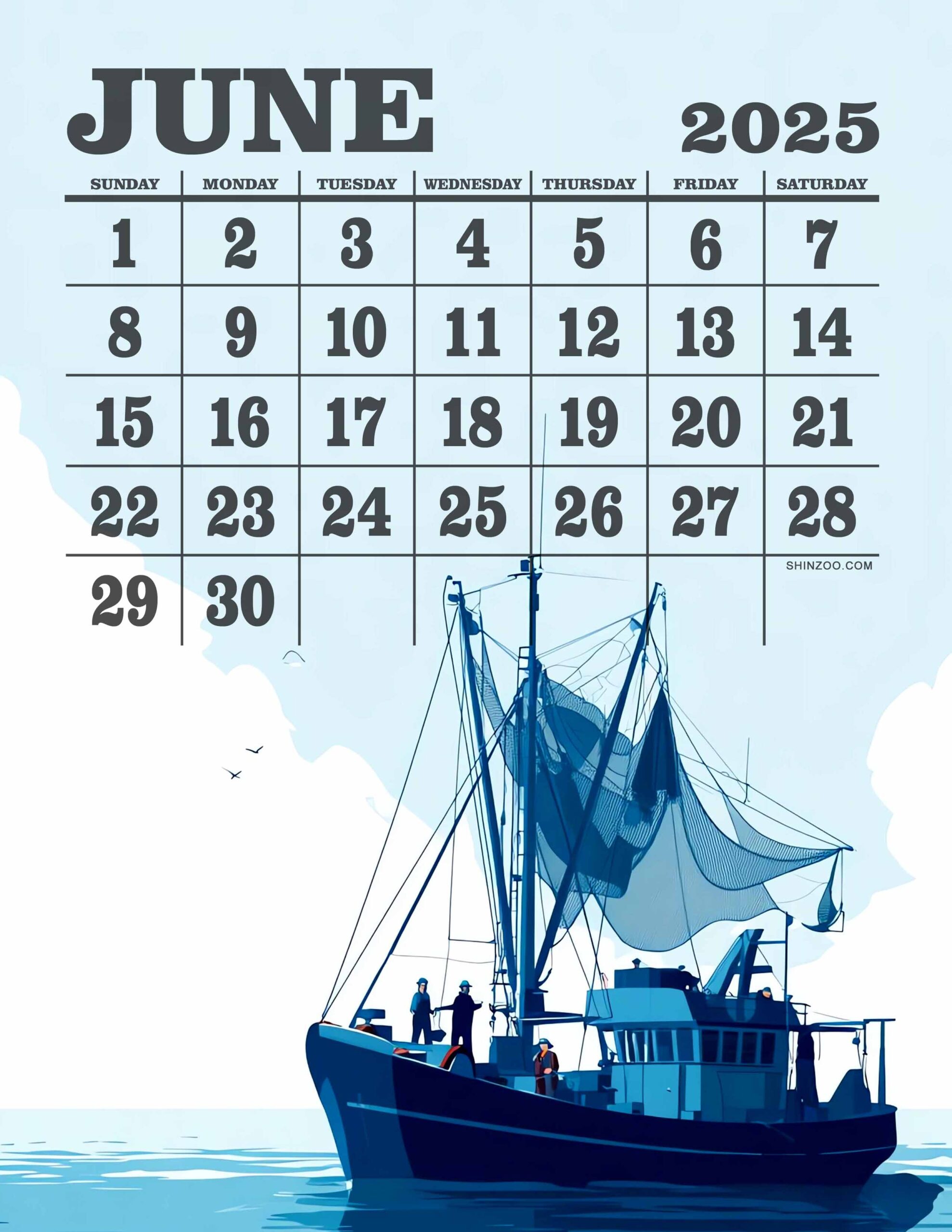 June 2025 Fishing Boat Calendar Fisherman Maritime Ocean Theme