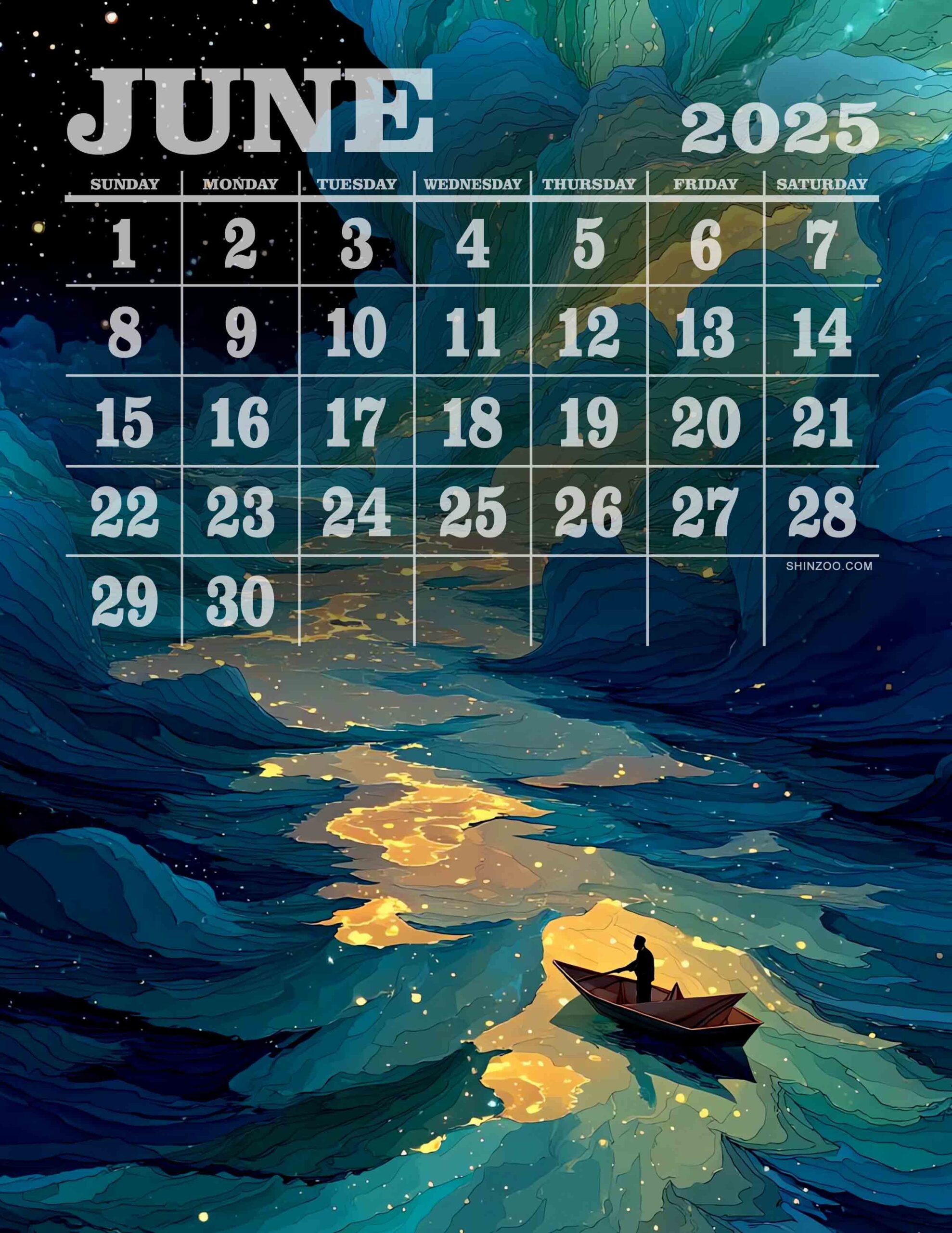 Night Boat Calendar June 2025 Dark Fantasy Abstract Landscape Art