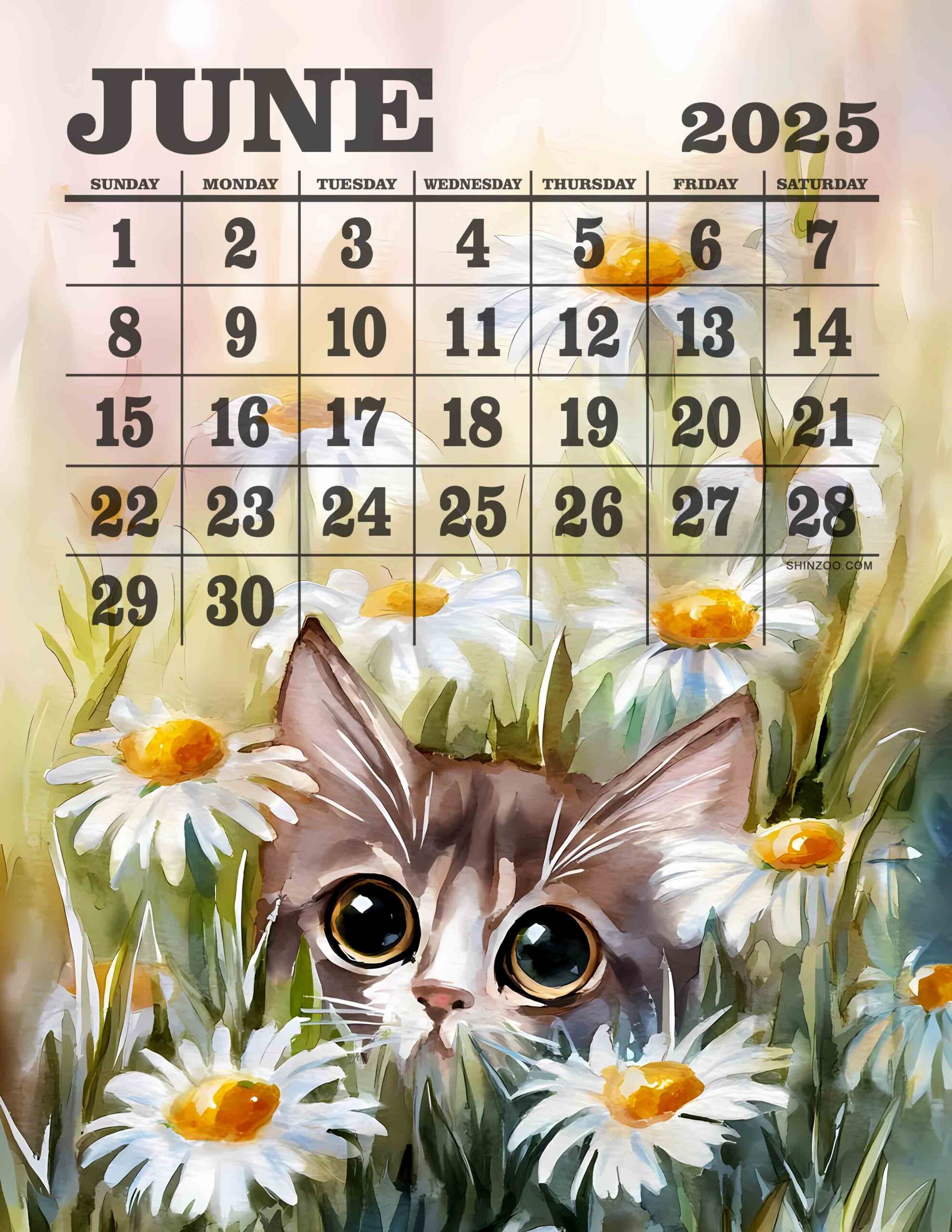 Kitten with Daisy Flowers June Calendar 2025 Animal Lover Floral Cat Art
