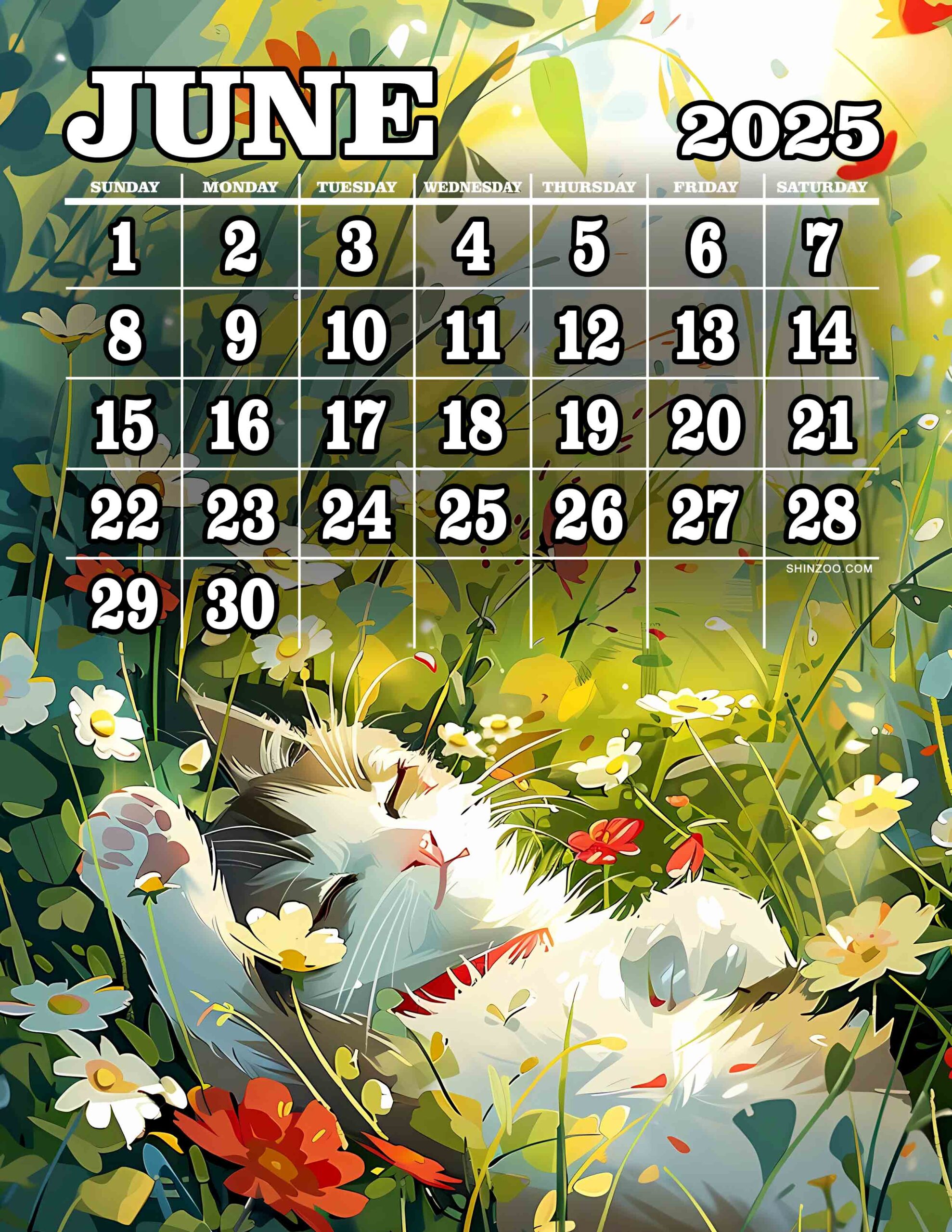 Summer Cat Calendar June 2025 Sleeping Floral Whimsical Cat Art