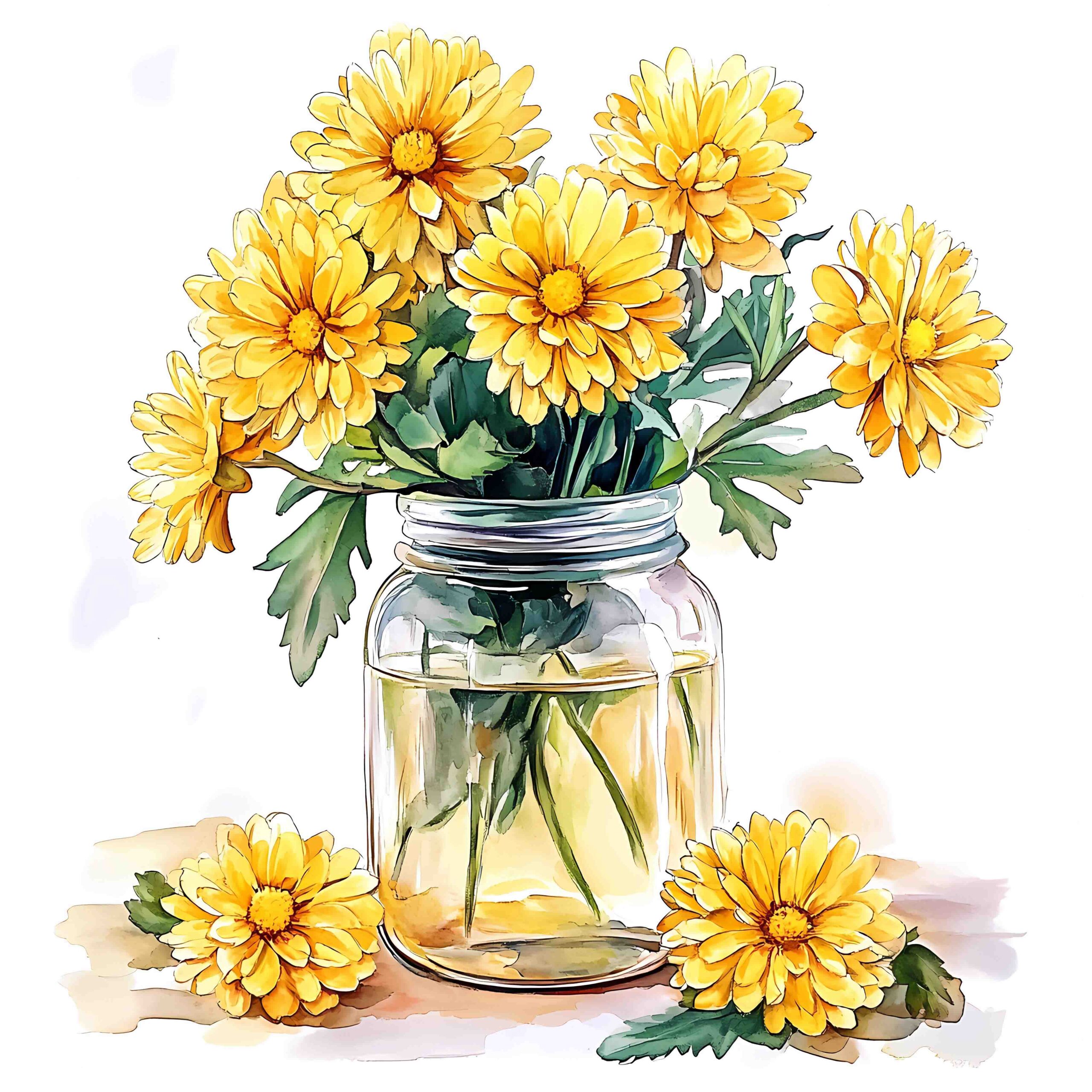Yellow Chrysanthemum Flowers in a Jar Floral Watercolor Painting