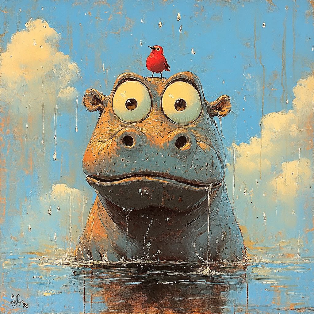 Funny Hippopotamus with Tiny Bird Cute Animal Illustration