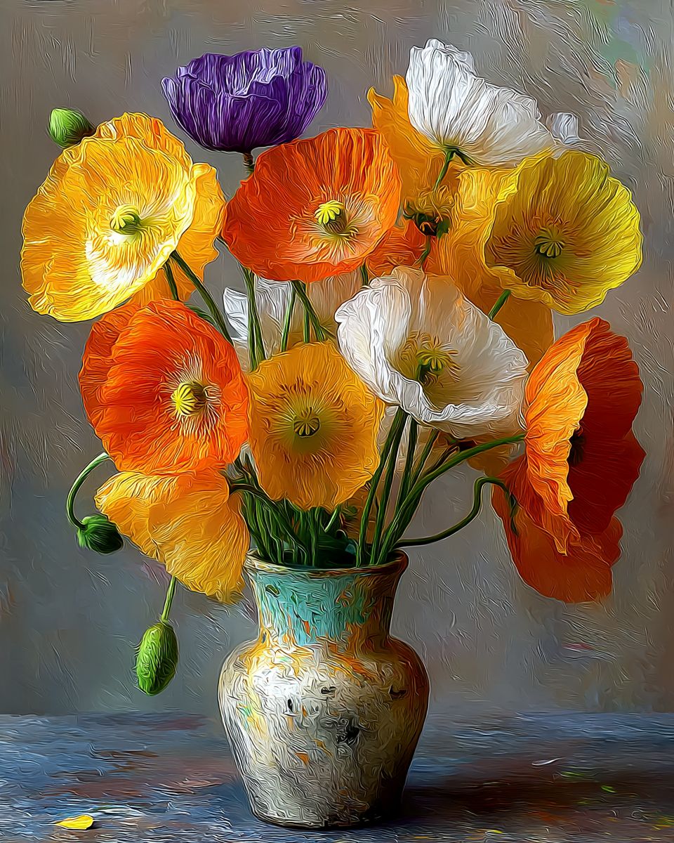 Colorful Poppies Vintage Flower Arrangement Floral Painting