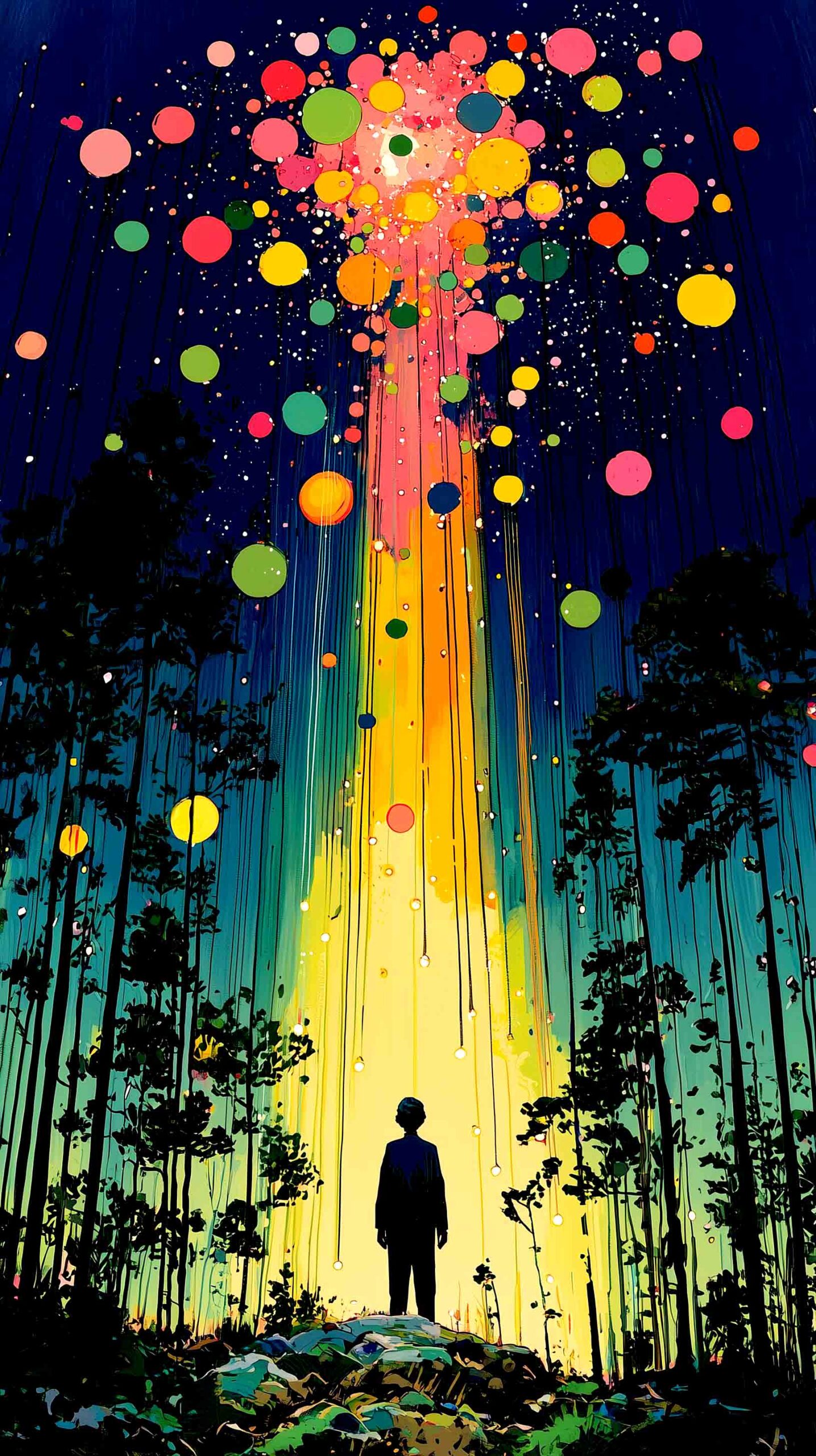 Silhouette of Man in Surreal Forest with Colorful Orbs and Glowing Lights
