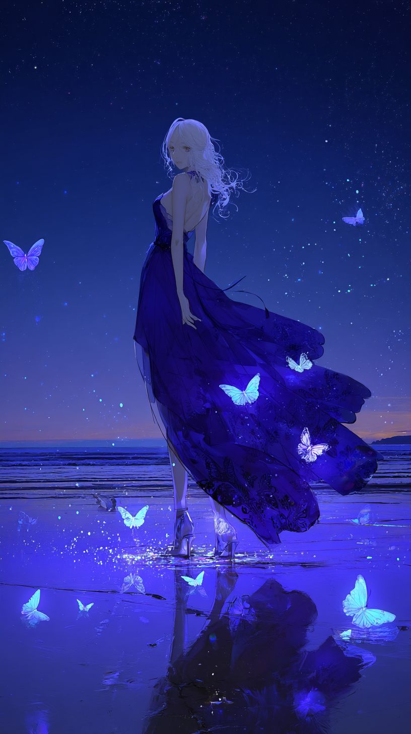 Woman in Blue Dress with Glowing Butterflies Night Sky Art