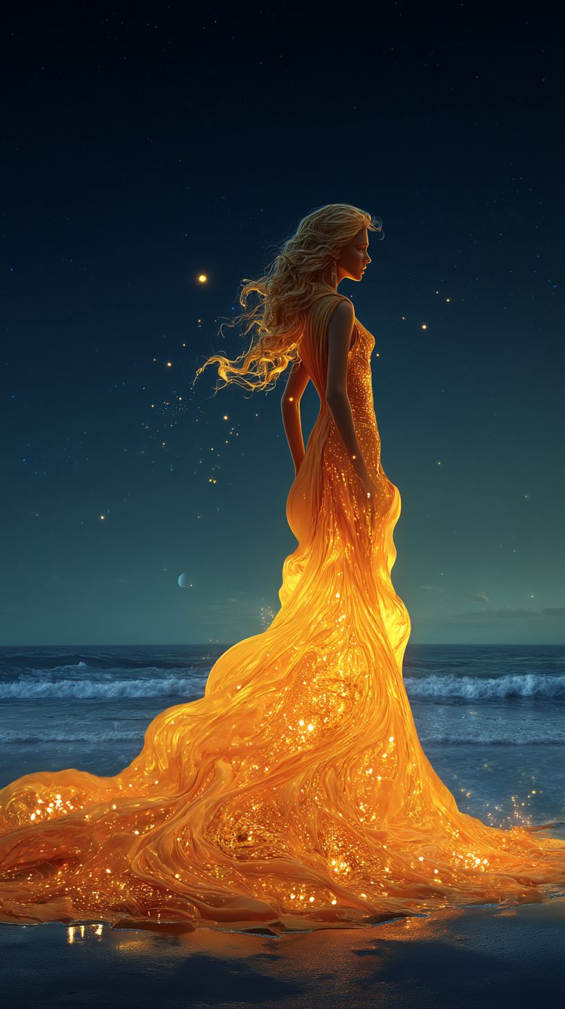 Celestial Woman with Luminous Golden Gown Dreamy Fantasy Art