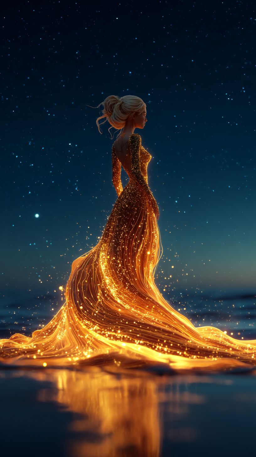 Woman in Flowing Gold Lava Gown Dreamy Fantasy Art