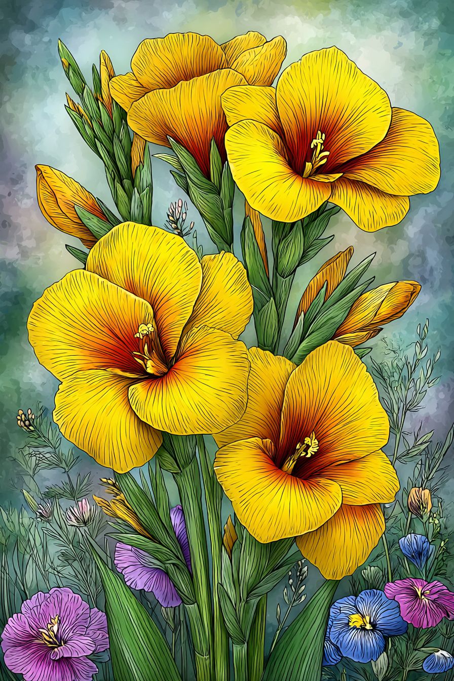 Yellow Cana Lilies Floral Illustration Painting Yellow Flower Bouquet