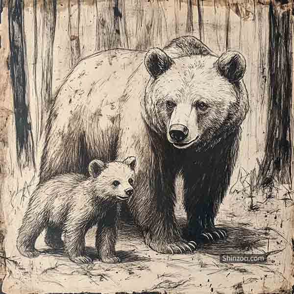 Brown Bear Drawing, Realistic Bear Sketch Illustration, Wildlife Art Brown Bear in Forest