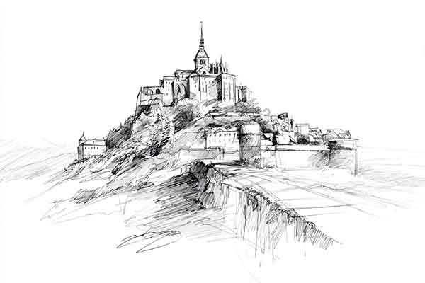 How to Draw a Castle on a Hill, Drawing Palaces on Hills, Sketch Illustration