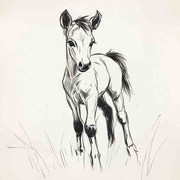 Colt Drawing, Young Horses Sketch Illustration, Galloping Wild Colt Art