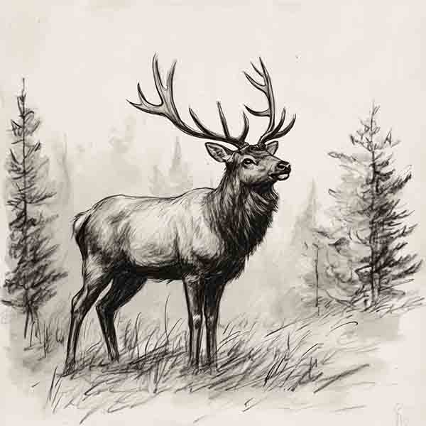 Elk Drawing, Realistic Elk Illustration, Elk Pencil Sketch Art, North American Elk