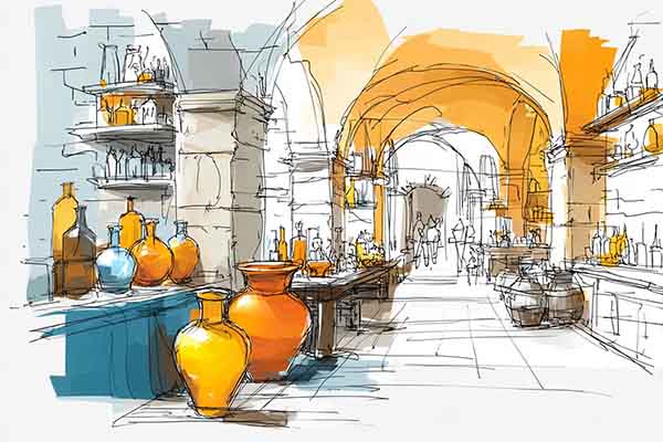 How to Draw a Medieval Italian Wine Cellar, Drawing Sketch Illustration