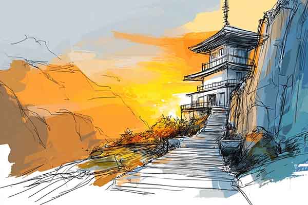 Japanese pagoda on a hill drawing
