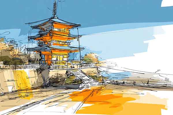 How to Draw a Realistic Japanese Pagoda on a Hill, Drawing Sketch Illustration