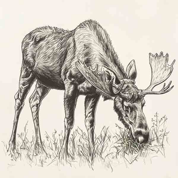 Moose Drawing, Alaskan Bull Moose Illustration Sketch, Northwoods Wildlife Animal Art
