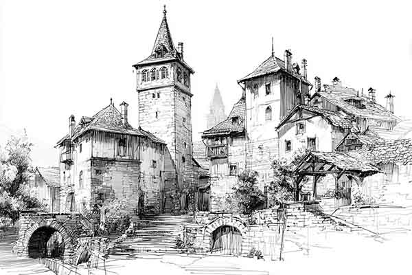 old stone medieval town drawing