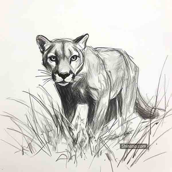 Puma Drawing, Cougar Mountain Lion Sketch Illustration, Wild Cat Nature Art