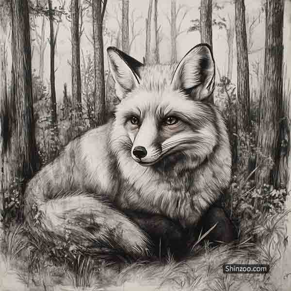 Red Fox Drawing Ideas, Fox in Forest Animal Sketch Illustration Art, How to Draw Red Fox