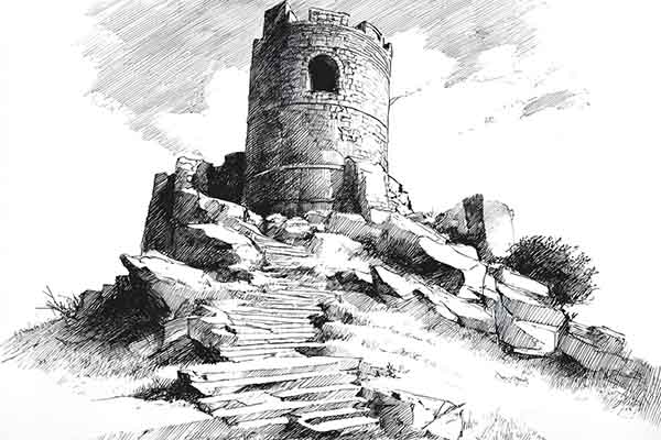 How to Draw a Realistic Medieval Tower Ruins on a Hill, Ancient Castle Drawing Sketch Illustration