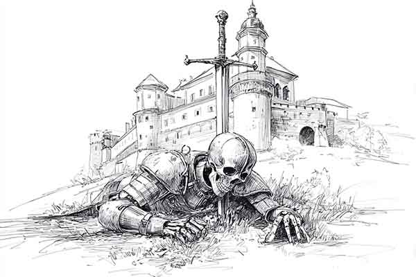 How to Draw a Realistic Skeleton Knight in a Battlefield, Fallen Medieval Warrior Drawing Sketch Illustration