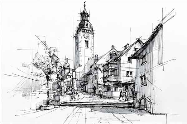 How to Draw a Realistic Straubing City Bavaria Germany, Old World Architecture Drawing Sketch Illustration