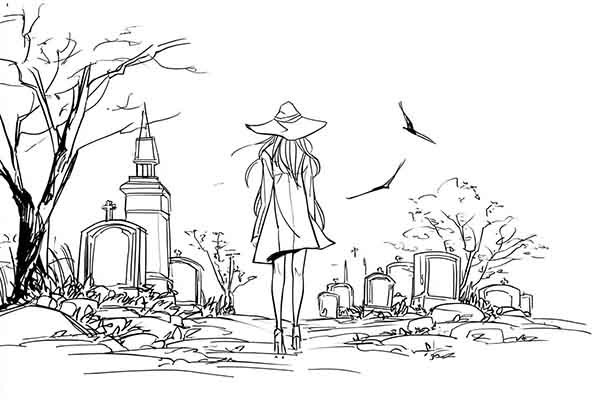 witch in graveyard drawing