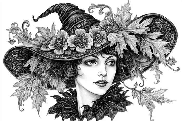Pretty Halloween Witch Girl with Floral Hat Drawing, Modern Witch Woman with Long Hair Sketch Illustration