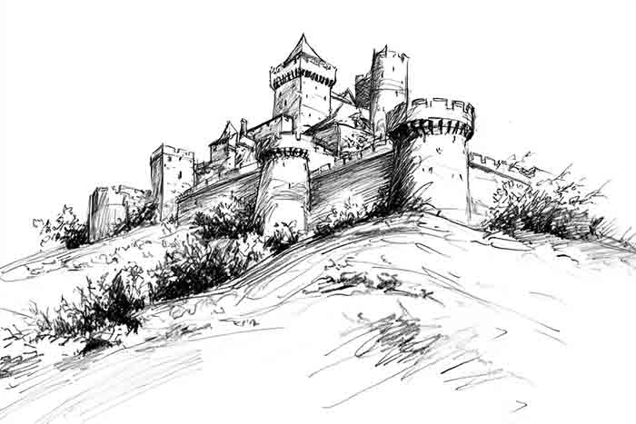 Realistic medieval castle on hill sketch