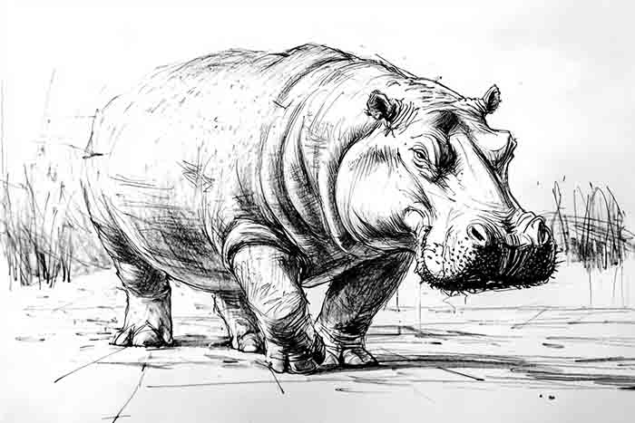 Realistic Sketch of Hippopotamus, Hippo Drawing Illustration