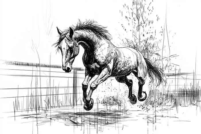 Horse mid-jump pencil drawing