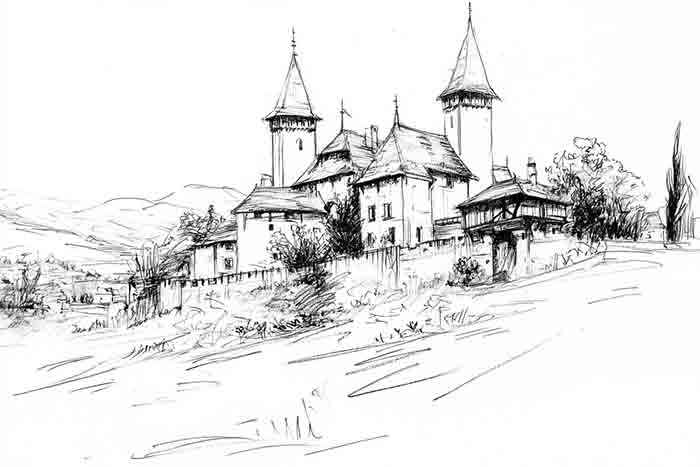 Rustic hilltop castle pencil drawing