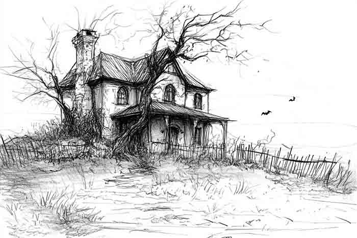 Spooky house on hill pencil drawing