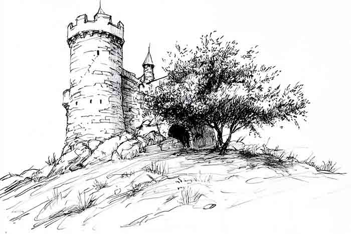 Ancient stone castle on hill illustration