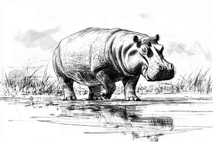 Realistic hippo drawing in its environment