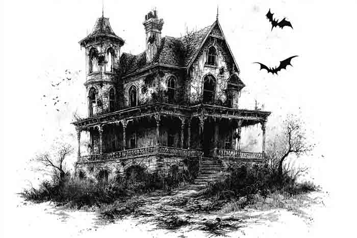 Scary mansion on a hill illustration
