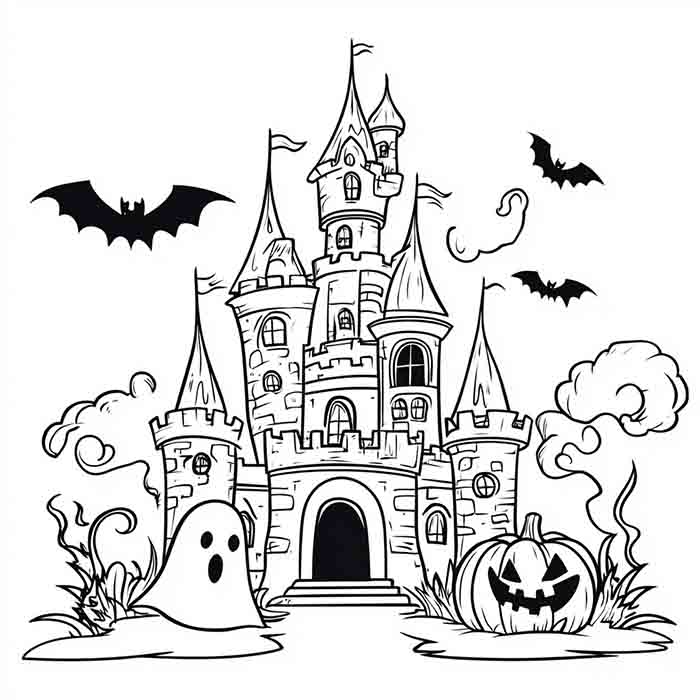 Spooky Halloween Haunted Castle Drawing, Flying Bats and Smiling Pumpkins Sketch Illustration