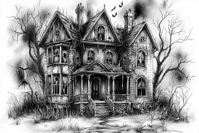 Haunted hillside house sketch artwork