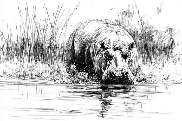 Hippopotamus nature scene pencil sketch