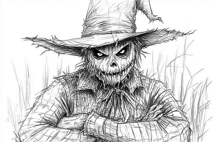 Realistic Halloween scarecrow pencil drawing