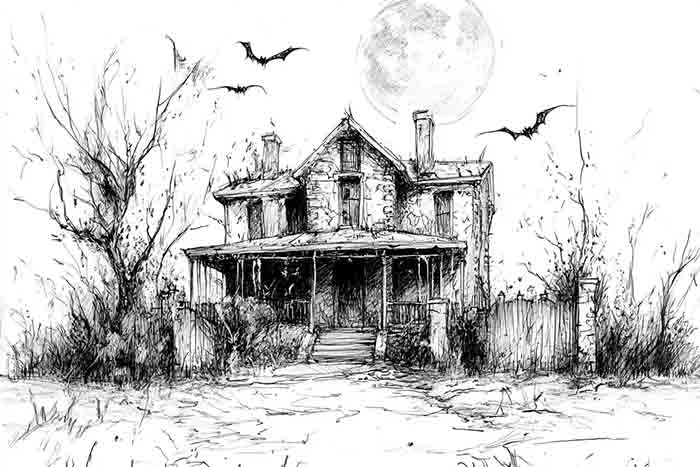Creepy old house on hill drawing
