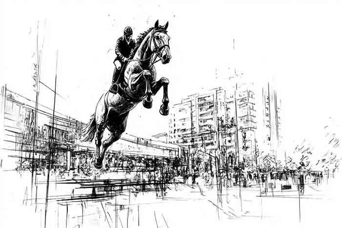 Equestrian jumping sketch illustration