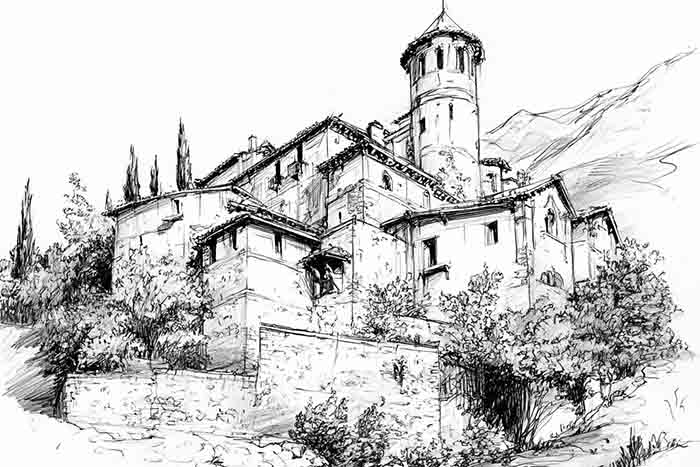 Hilltop medieval castle realistic sketch