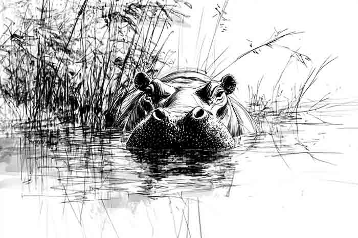 Hippo in waterhole realistic artwork