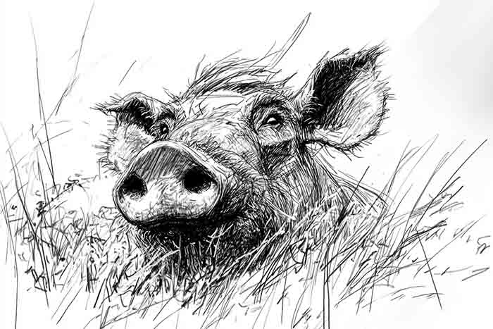 Warthog grazing in savannah sketch