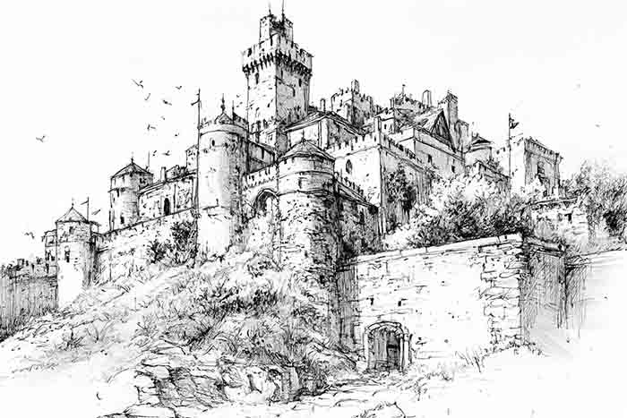 Castle on the hill medieval drawing